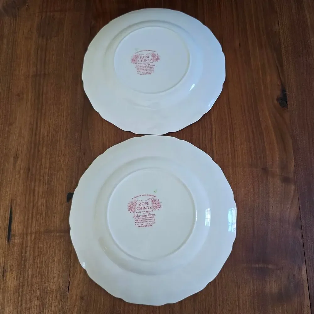 Vintage Johnson Brothers Rose Chintz Ironstone 2 Dinner Plates Cottagecore 1930s